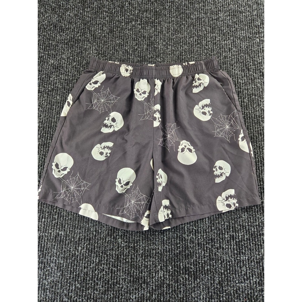 Romwe Mens Skull Spiderweb Graphic Shorts Black White Elastic Waist Size L 40